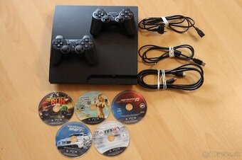 PS3 SLIM CECH-3004B | 2x ovládač | 5 hier | Komplet kab.