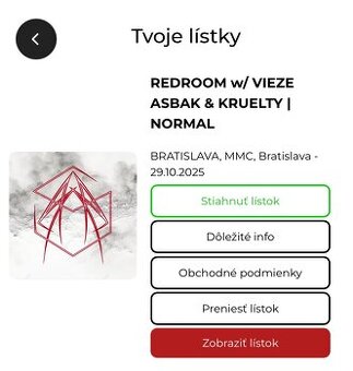 Predám lístok na redroom vieze asbak/kruelty 29.10.2025