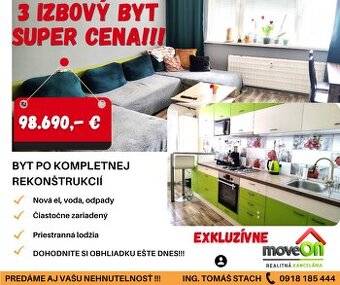 MOVEON exkluzívne ponúka 3-izbový byt po kompl. rekonštr.
