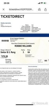 Predám 2 lístky na koncert Robbieho Williamsa