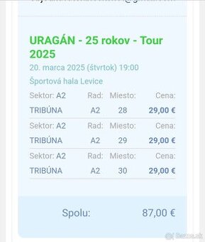 Vstupenky na URAGAN 25 ROKOV 3 kusy len spolu