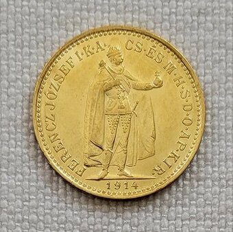 Zlatá uhorská 10 koruna FJI, 1914 kb, vzácny ročník,TOP stav