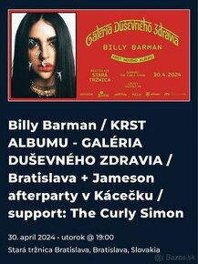 3 lístky Billy Barman - Bratislava na sedenie