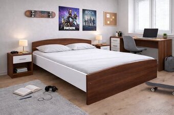 Dvoulůžková postel 160x200 včetně roštu. Ořech/bílá