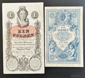 Bankovky Rakúsko-Uhorsko 1 Gulden 1858 a  1888 stav 2+