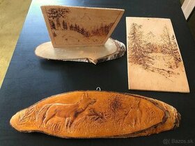 ručne vyrezávaný obraz do brezy + 2 vypaľované obrázky hôr