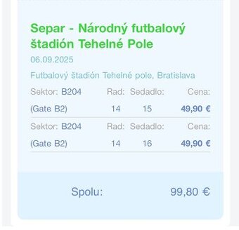 Predám lístky na Separa – Tehelné pole (6.9.2025)