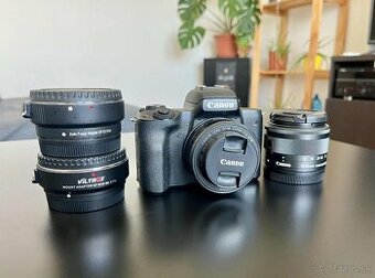 Canon M50 + 22mm f/2 + 15–45mm + Viltrox Speedbooster + filt
