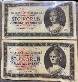Predám 2 ks bankovky - 100 korún 1945