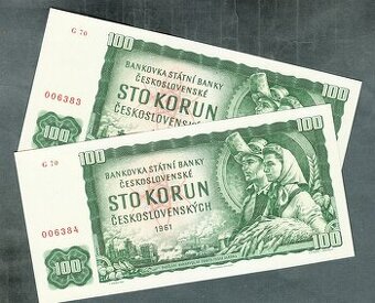 Sestava bankovky 100 kčs 1961 - 2 ks ČÍSLA PO SOBĚ, bezvadné