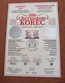 Predám PAMÄTNÝ LIST J. CH. KOREC- Lacno
