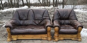 Kožená sedací souprava 2+1 s masiv. dubovým dřevem