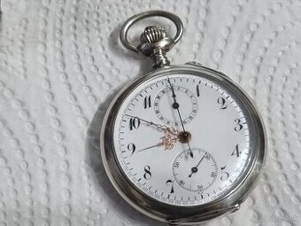 Strieborné, vreckové hodinky-chronograf.