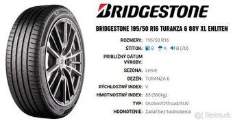 letné pneumatiky 195/50 R16 Bridgestone Turanza