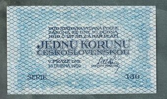 Staré bankovky 1 koruna 1919 velmi pěkný stav