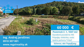 POZEMOK  č. 1, 1047 m2,Stavebné povolenie, Súlovce ,okr. TO