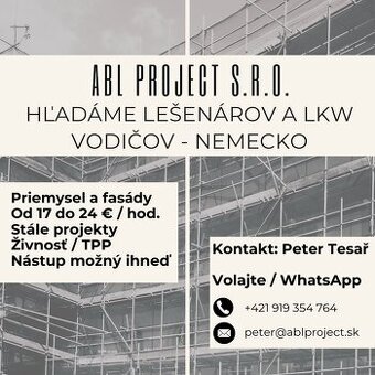 Lešenári Nemecko – 17–24 €/h – ubytko hradené