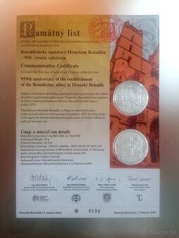Pamätny list 10 euro opátstvo Hronský Beňadik