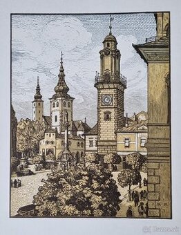 Karel Vik - predám drevorez -Námestie v Banskej Bystrici.