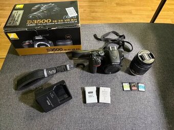 Nikon D3500 set – telo + 18–55mm, 2× batéria, 3x SD karta