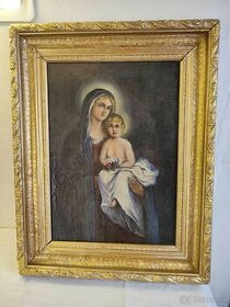 Stará olejomaľba na plátne -Madona s Ježiškom