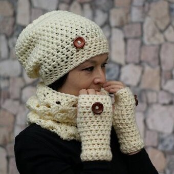 Háčkovaný set - čiapka, nákrčník a bezprstové rukavice