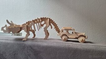 Drevené 3d puzzle dinosaurus auto