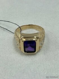Zlatý pánsky prsteň „Rakušák“ Diamanty 10ks + Ametyst 1ks