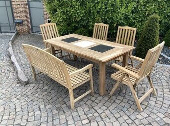 TEAK - Masivny stol - lavica - 4 poloh.stolicky