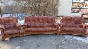 Kožená sedacia súprava 3+2+1 s masivnym drevom