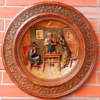 Starožitný Závesný Tanier Čech Neznačený Rozhovor v krčme