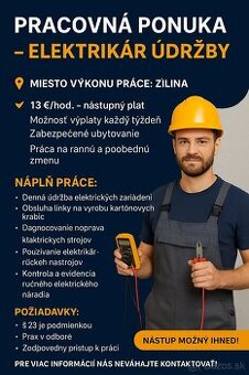 Pracovná ponuka  - Stabilná práca pre elektrikára údržby