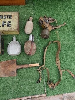 Poľná fľaša, plynová maska,ypsilony kastliky,nemecka pumpa