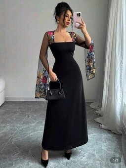 Dlhé elegantné čierne šaty s kvetinovými rukávmi, veľkosť M/