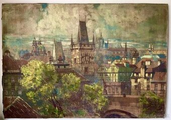 Jaroslav Pukl - Pohľad na pražský hrad - olej na platne