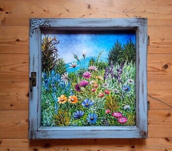 Obraz v starom drevenom okienku 56x57 cm