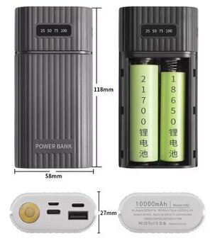 powerbank púzdro pre 2x 18650/21700 batériu so svetlom