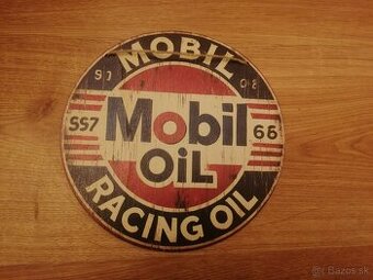 Drevená guľatá tabuľa Mobil oil