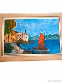 Starý obraz - akrylová maľba - loď v prístave - Ender