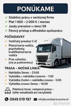 🚛 Hľadáme spoľahlivého kamionistu (C+E) – nočná linka SE