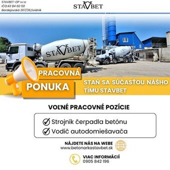 Strojník čerpadla betónu (PUMI) – Svidník / Stropkov