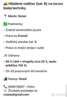 ⸻  🚚 Hľadáme vodičov (kat. B) na rozvoz bielej techniky