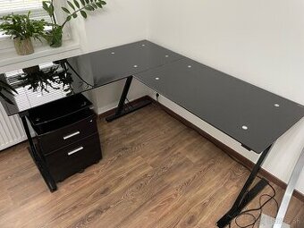 Sklenený pracovný stôl rohový