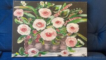 Kvety v košíku v tme ručne maľovaný akrylový obraz originál