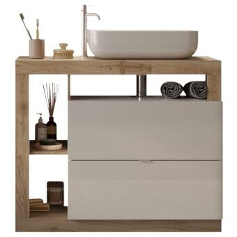 Umývadlová skrinka s umývadlom - biela lesklá/dub