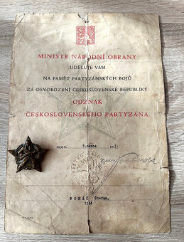 čs. odznak partyzán s dekretem o udělení