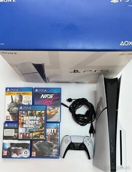 Playstation 5 Slim + 1x ovládač + krabica + 5 hier
