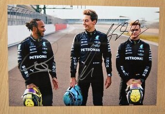 Mercedes F1 Hamilton Russell Schumacher orig. autogramy