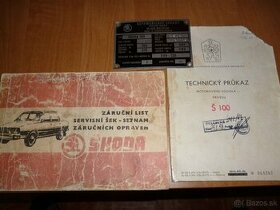 Starý technický štítok š 100,a záručný list na škoda 120