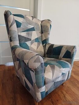 Sivomodre kreslo/usiak Charlot, vzor patchwork